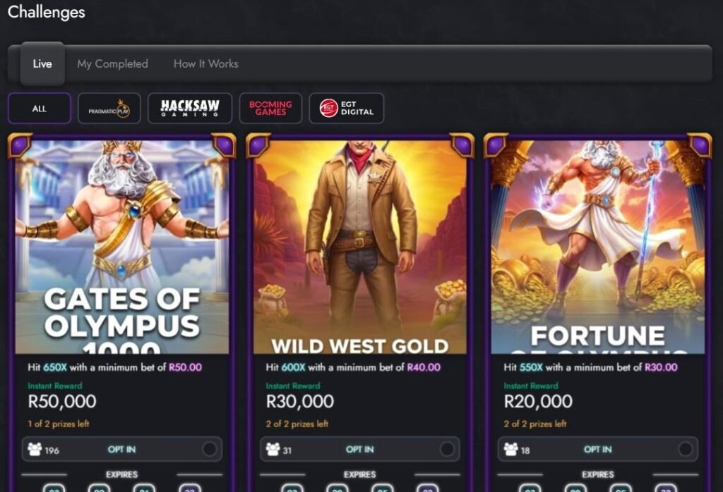 Play.co.za Cash Challenges with rewards of R50,000, R30,000 and R20,000
