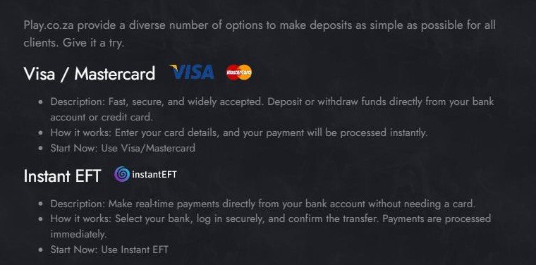 Play.co.za payment options page listing Visa and Mastercard and Instant EFT