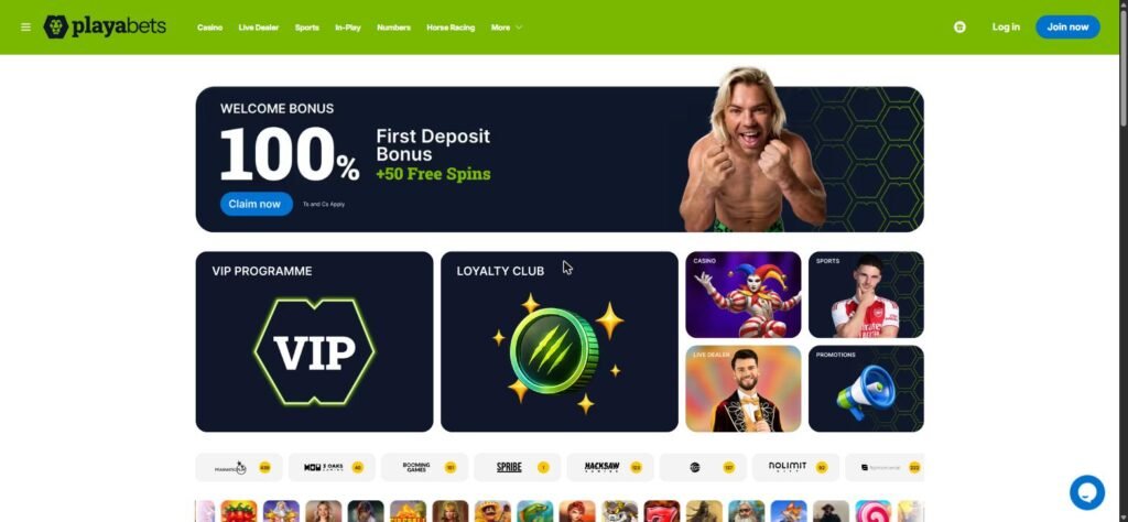 Playabets homepage with the 100% first deposit bonus plus 50 free spins, VIP programme and Loyalty Club