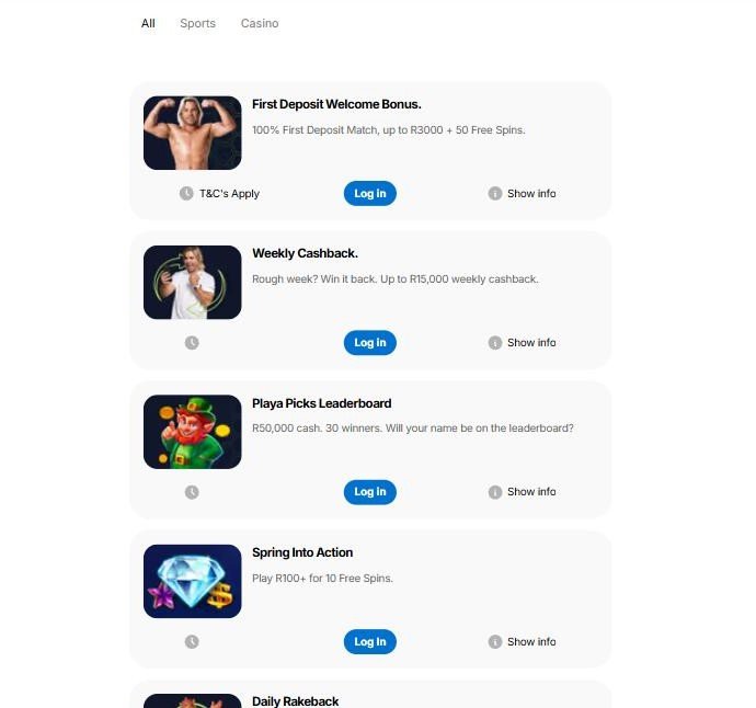 Playabets promotions page showing the welcome bonus, weekly cashback up to R15,000 and other offers