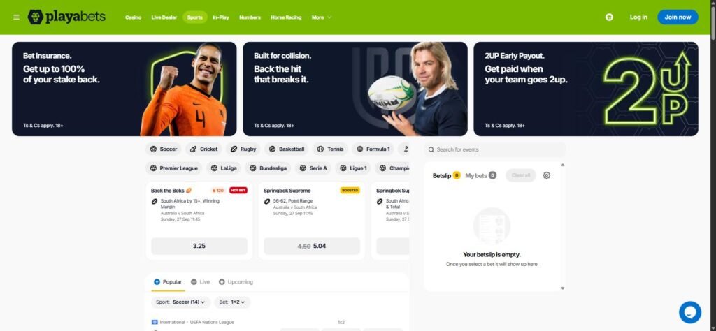 Playabets sportsbook with Springbok rugby bets, soccer, cricket and tennis markets and the betslip