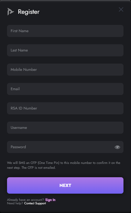 Play.co.za registration form asking for name, mobile number, email, SA ID number, username and password