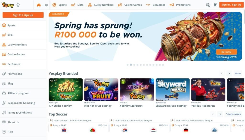 YesPlay homepage showing the sports, slots, Lucky Numbers, casino games and BetGames menu