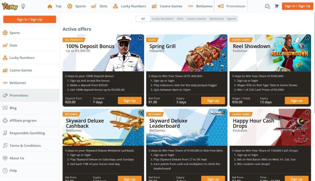 YesPlay promotions page with the 100% deposit bonus up to R3,000 and other active offers