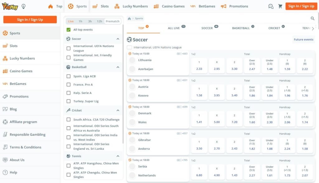 YesPlay sports betting page with soccer match odds and live, basketball, cricket and tennis markets