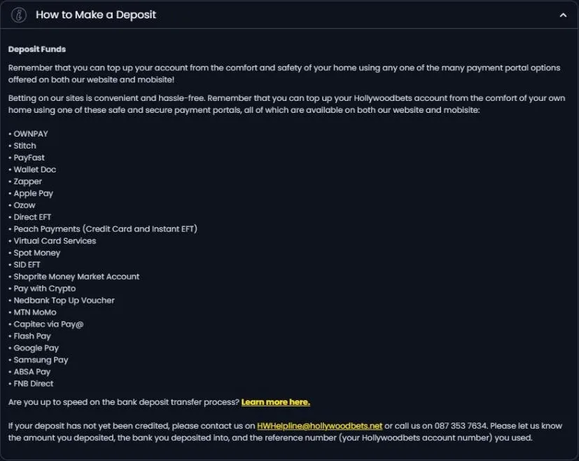 Hollywoodbets How to Make a Deposit page listing 22 payment options