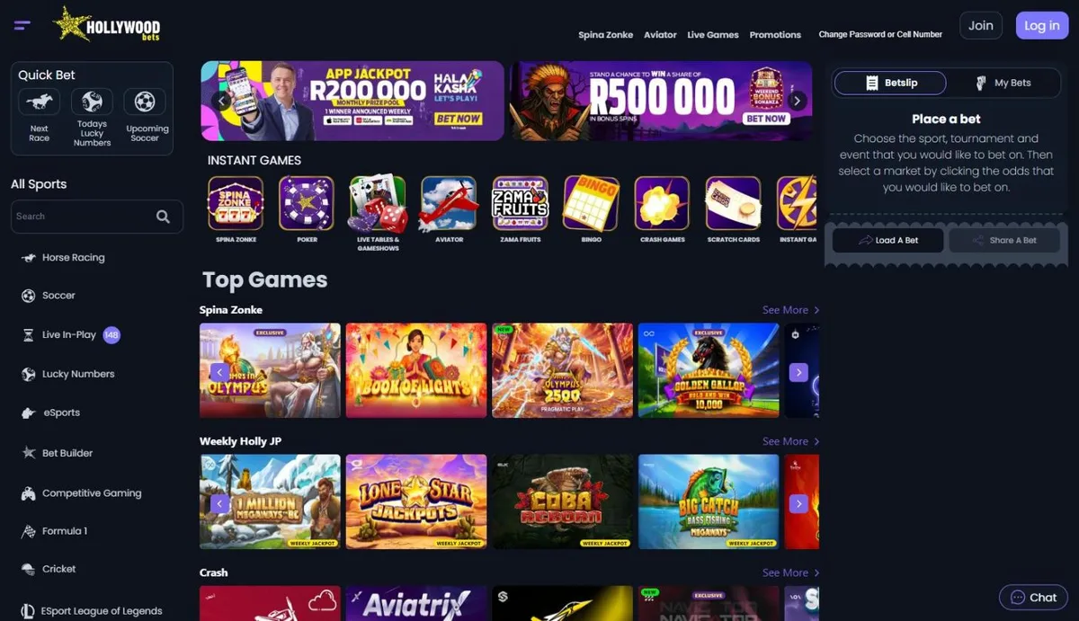 Hollywoodbets homepage with Spina Zonke, Aviator and the sports menu