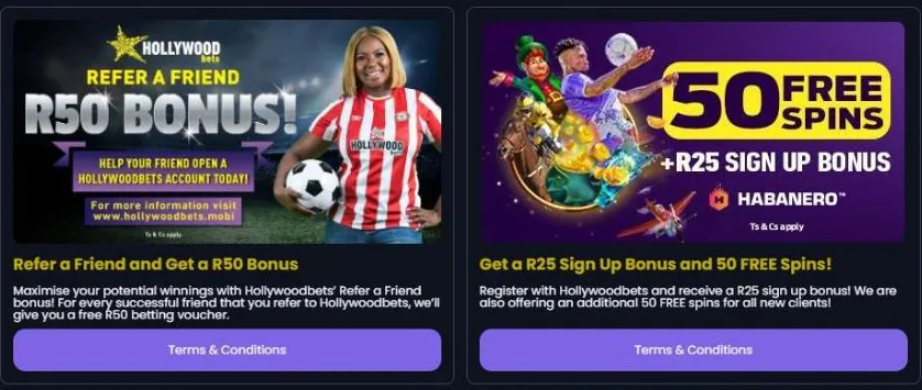 Hollywoodbets promotions showing the R25 sign up bonus and 50 free spins offer