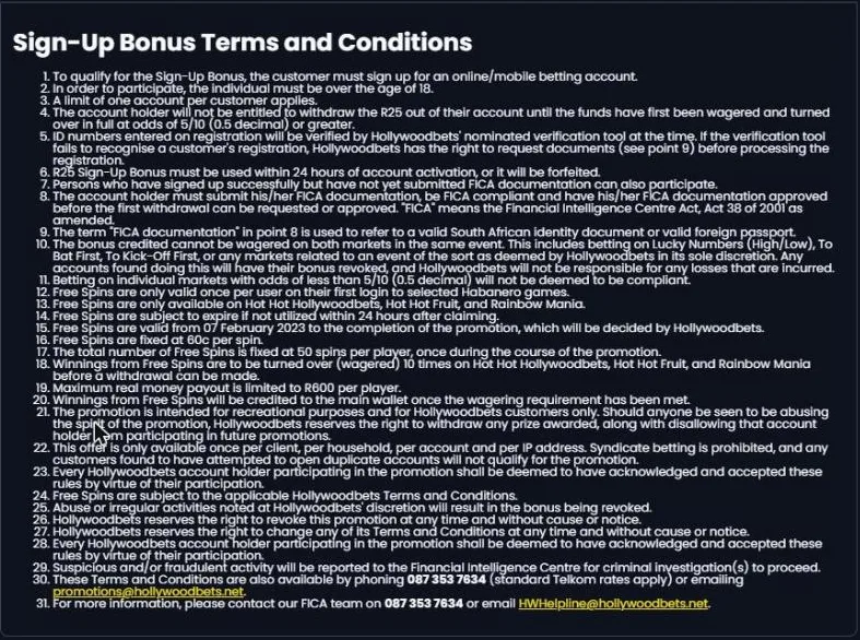 Hollywoodbets sign-up bonus terms and conditions list