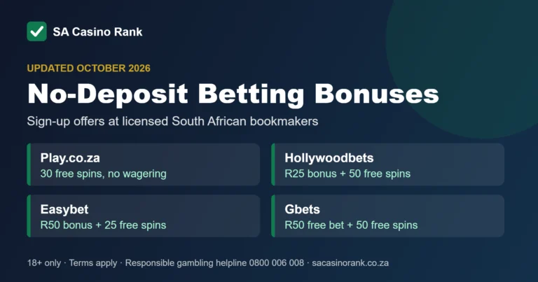 No-deposit betting bonuses at licensed South African bookmakers: Play.co.za, Hollywoodbets, Easybet and Gbets